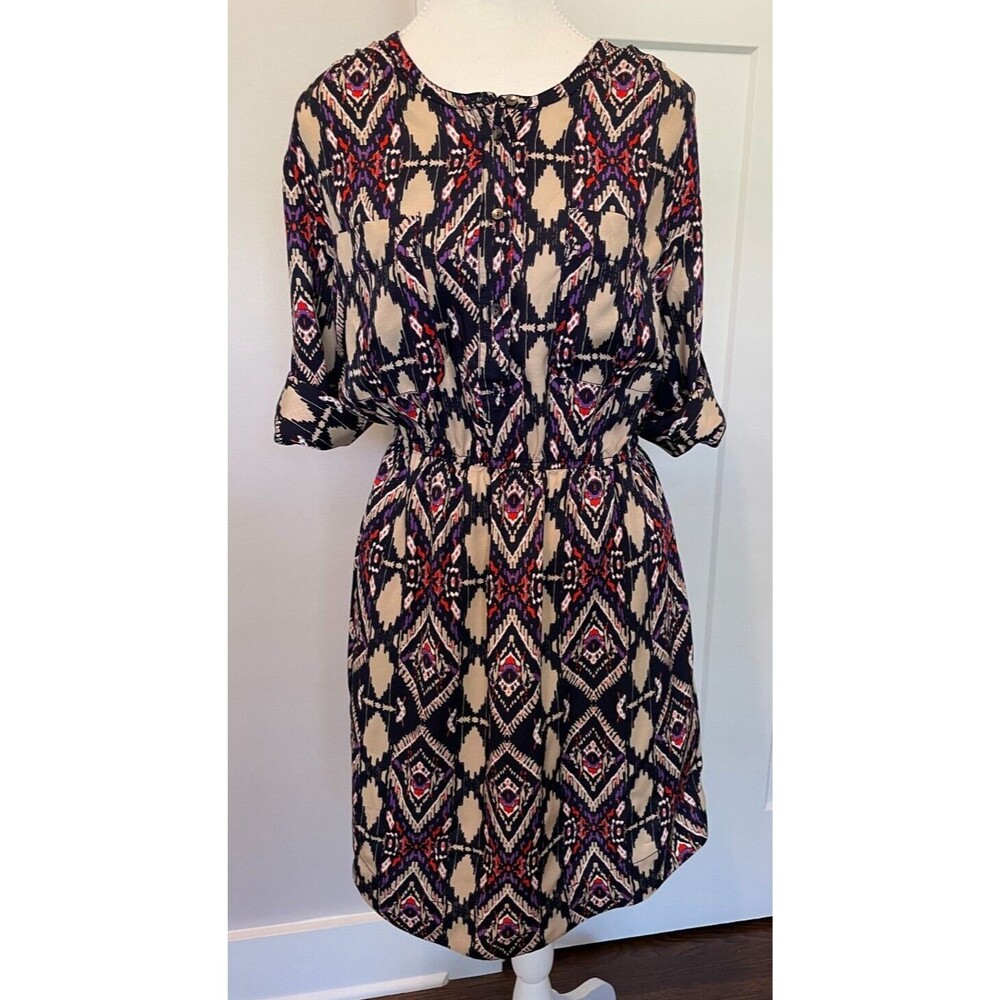 HOLDING HORSES Anthropologie Womens DRESS 3/4 Sleeve TAN Black Mira TRIBAL Sz 6